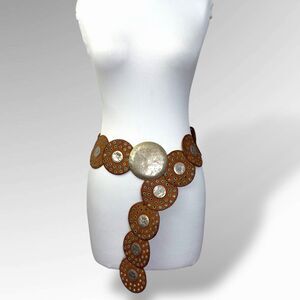 Women's Handmade Western Style Concho Disc Belt Genuine Leather Wide Brown Boho